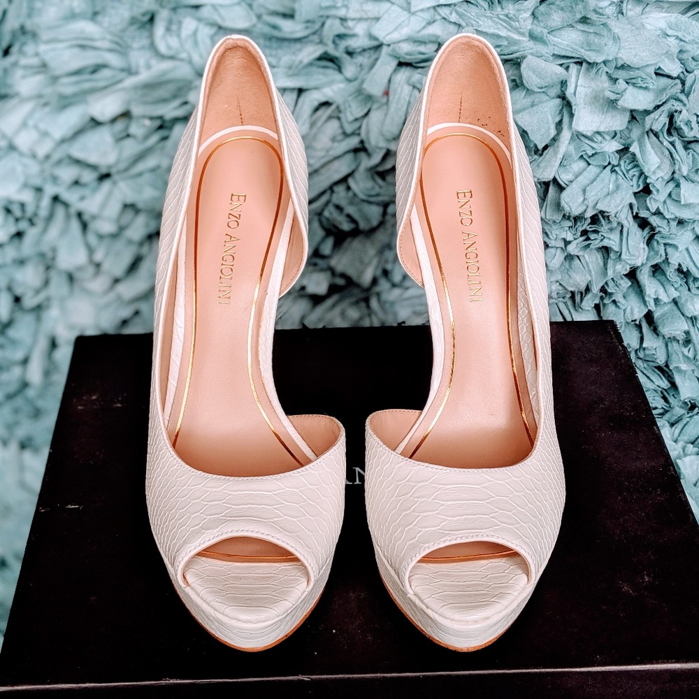 NIB Enzo Angiolini White Reptile Peep Toe Heels